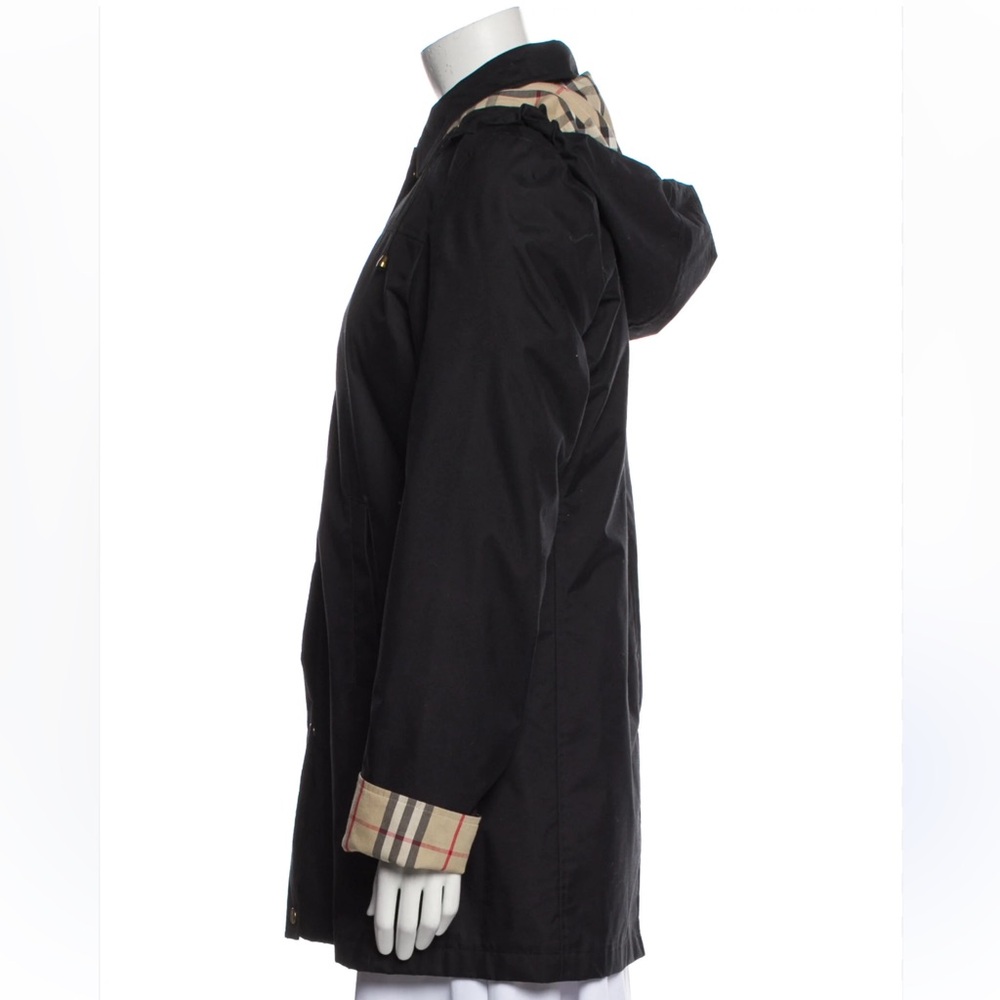 Burberry Black Hooded Trench Coat with Beige Check Trim